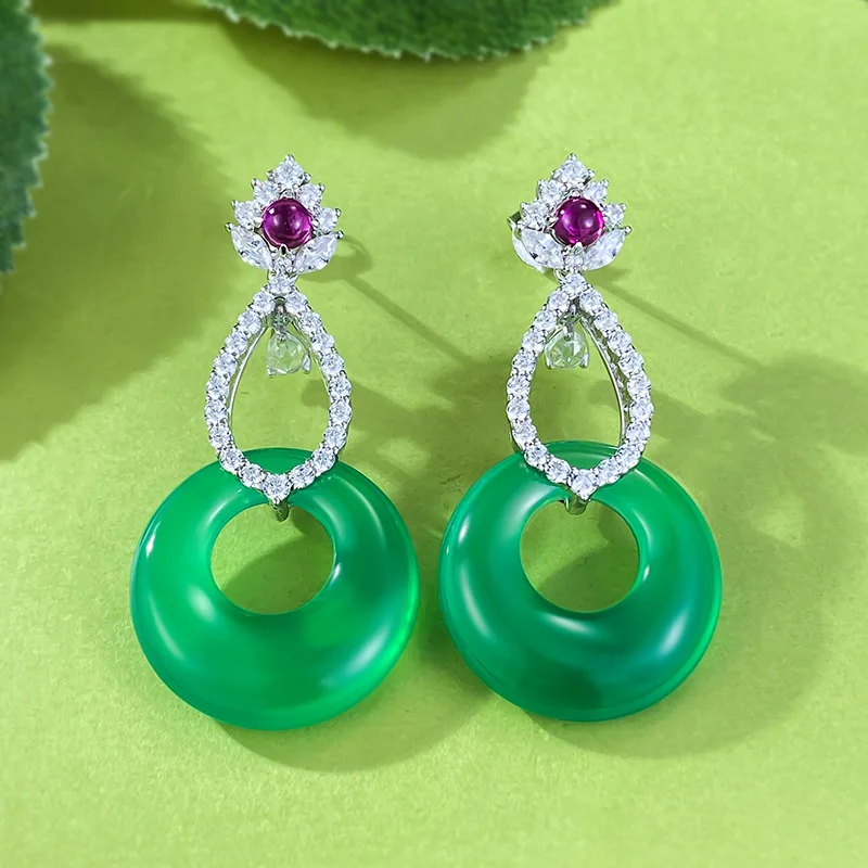 

New 925 Silver Inlaid 20mm Green Chalcedony Earrings, Rich Women's Luxury Inlaid Classic Earrings