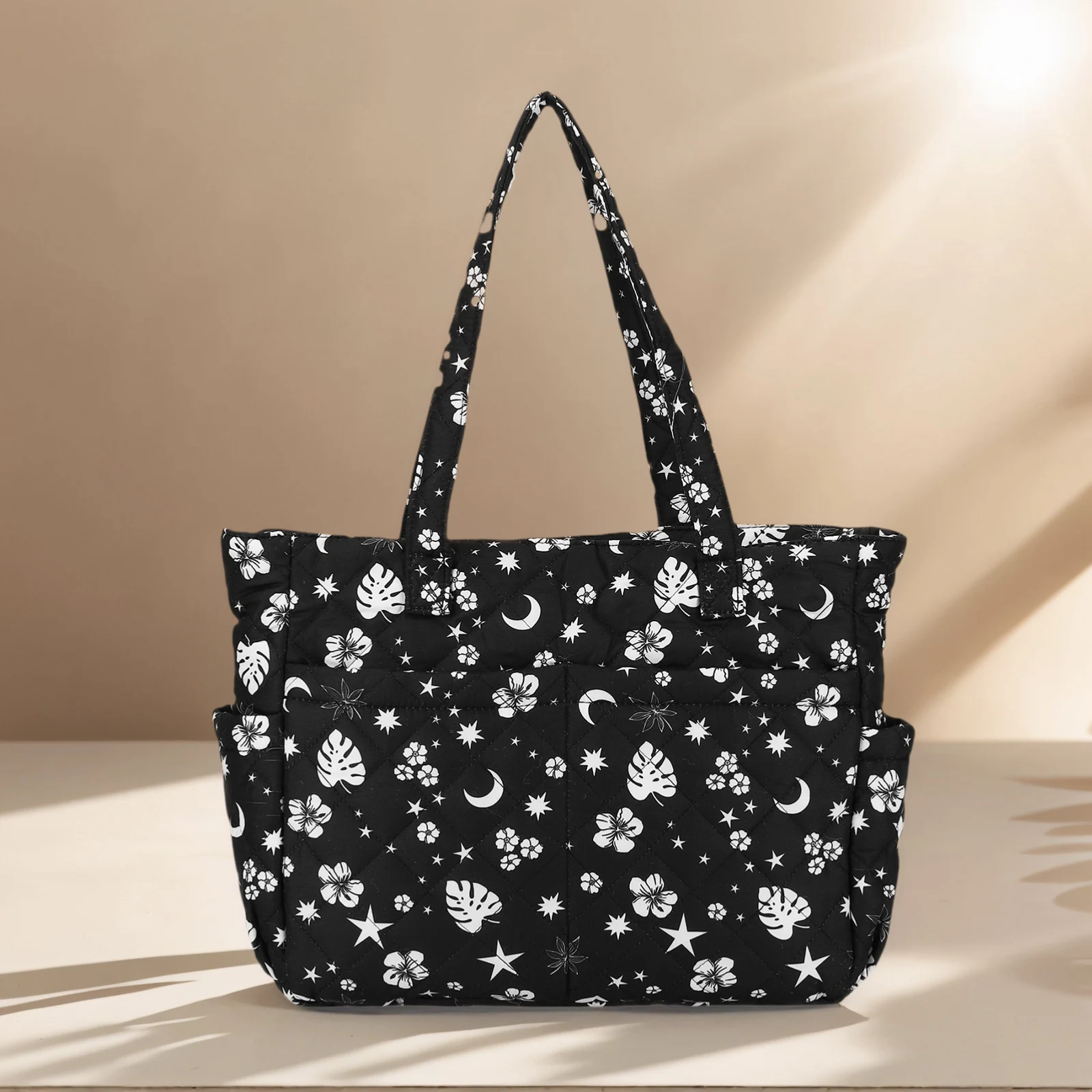 Women Floral Cotton-Padded Shoulder Bag with Multiple Pocket Tote Bag Underarm Bag Large Capacity for Daily Travel Work
