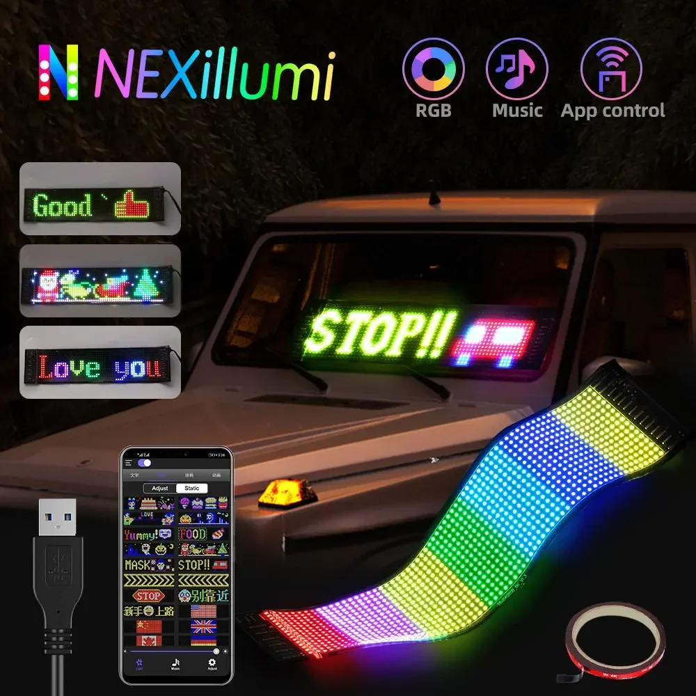 후면 유리 LED 패널 그래피티 애니메이션 스크롤 패턴 적용, USB 5V 유연한 플레인 패널 디스플레이, 블루투스 앱 액세서리