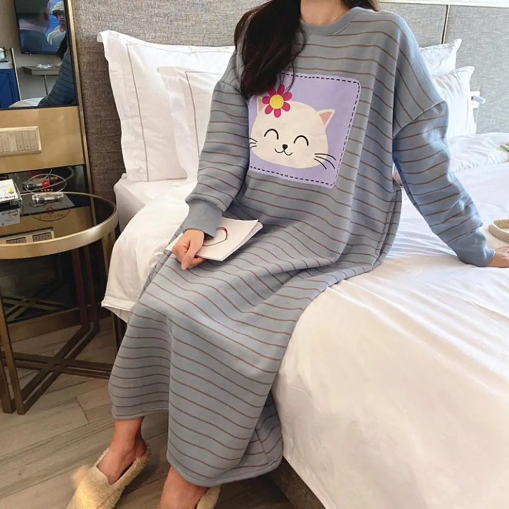 

O Neck Loose Breathable Long Sleeve Women Dress Warm Knee Length Pajamas for Winter