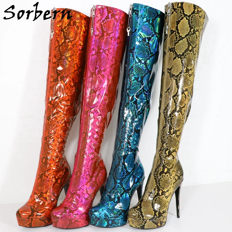 

Sorbern Holographic Python Boots Women Lockable Zipper Front Visible Platform Shoes Fetish High Heel Stilettos Custom Fetish