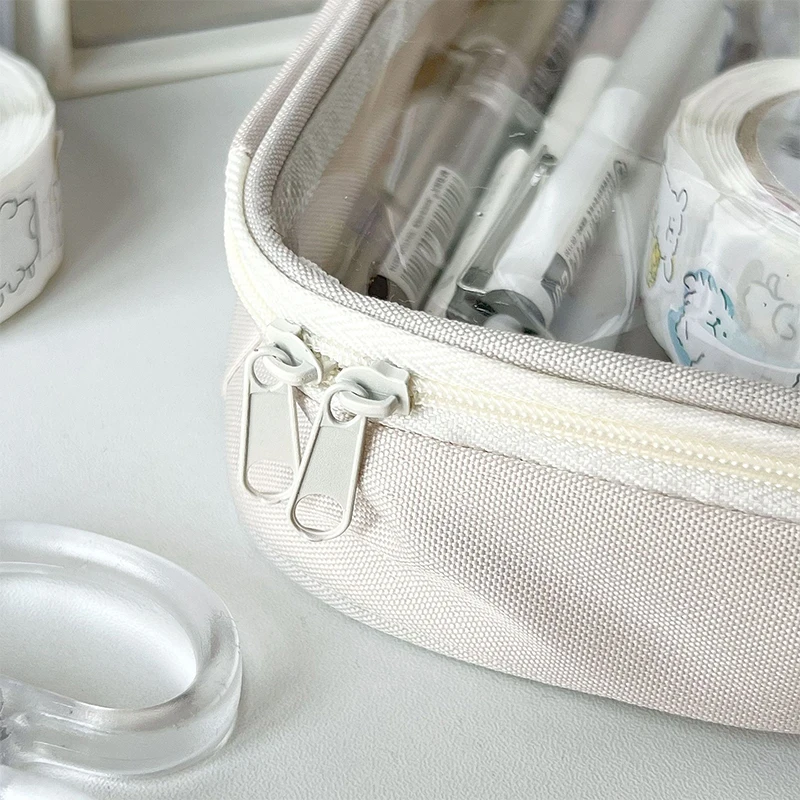 용량 학생 연필 파우치, 심플한 베이지 컬러 시리즈 연필 케이스, 투명 하이 문구 스크랩북 보관 가방