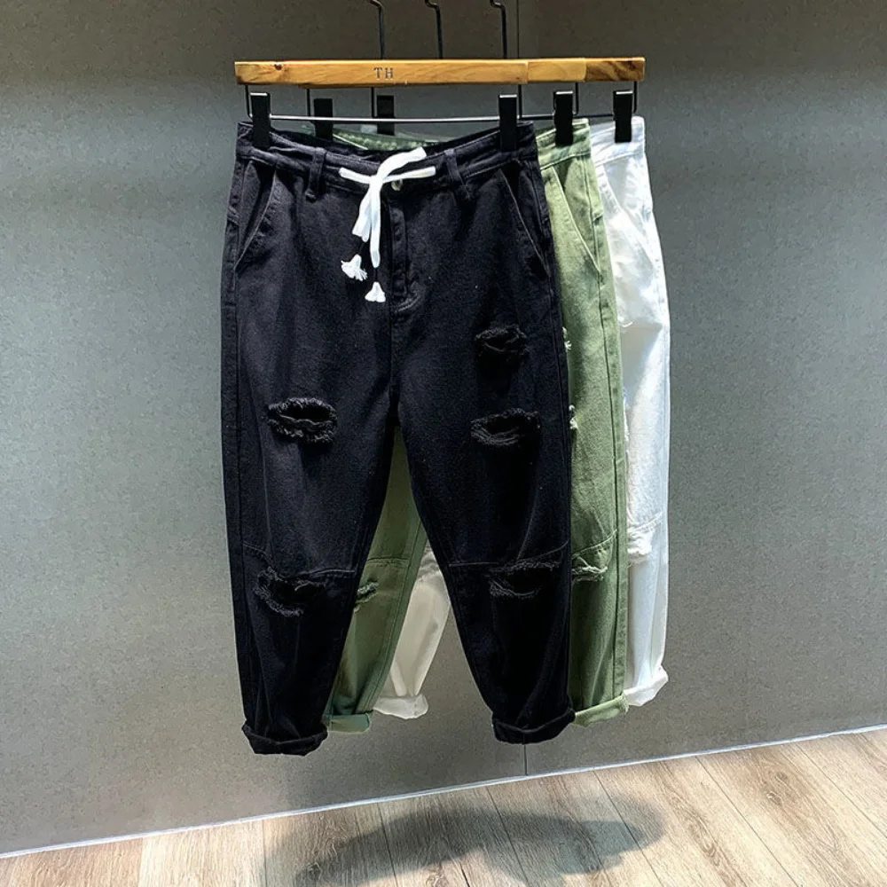2023 streetwear 패션 블랙 찢어진 스키니 청바지 남성 슬림 힙합 데님 바지 남성 조깅을위한 새로운 봄 캐주얼 청바지
