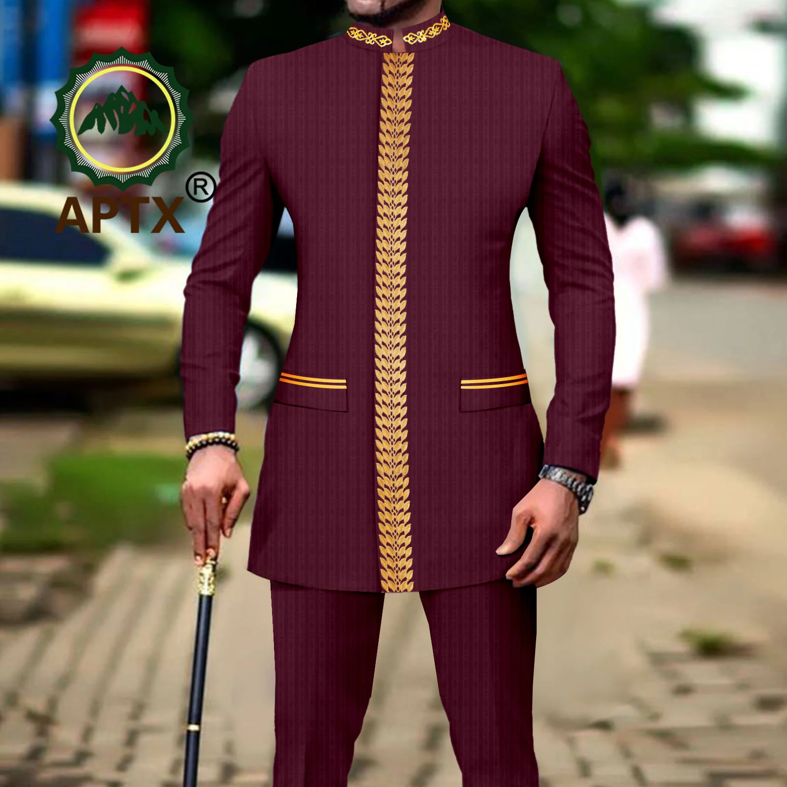 African Men Clothing Bazin Riche Men Suit 2-Piece Set Stand Collar Single Breasted Jacket Blazer Pants Party Wedding 2416082 2