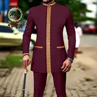 African Men Clothing Bazin Riche Men Suit 2-Piece Set Stand Collar Single Breasted Jacket Blazer Pants Party Wedding 2416082 2