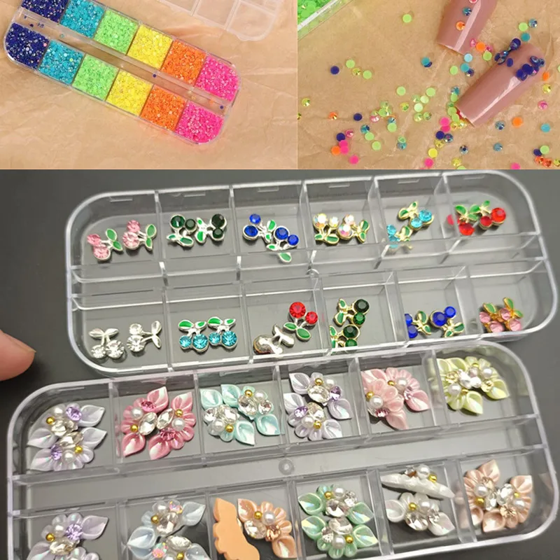 

1box Cherry Flower Candy Beads Nail Art Charms Alloy Resin Rhinestones Kawaii Nail Accessories DIY Trendy Hot Nail Decorations
