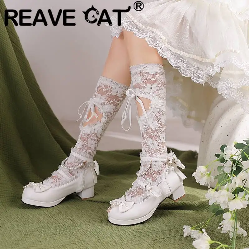 

REAVE CAT Women Pumps Round Toe Block Heel 5cm Buckle Strap Bowknot Beads Lolita Style Big Size 41 42 43 Sweet Cute Girls Shoes