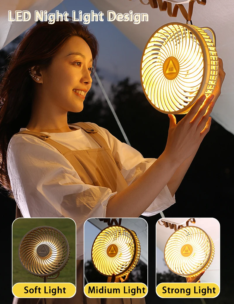 Outdoor Camping Fan com luz noturna, Power