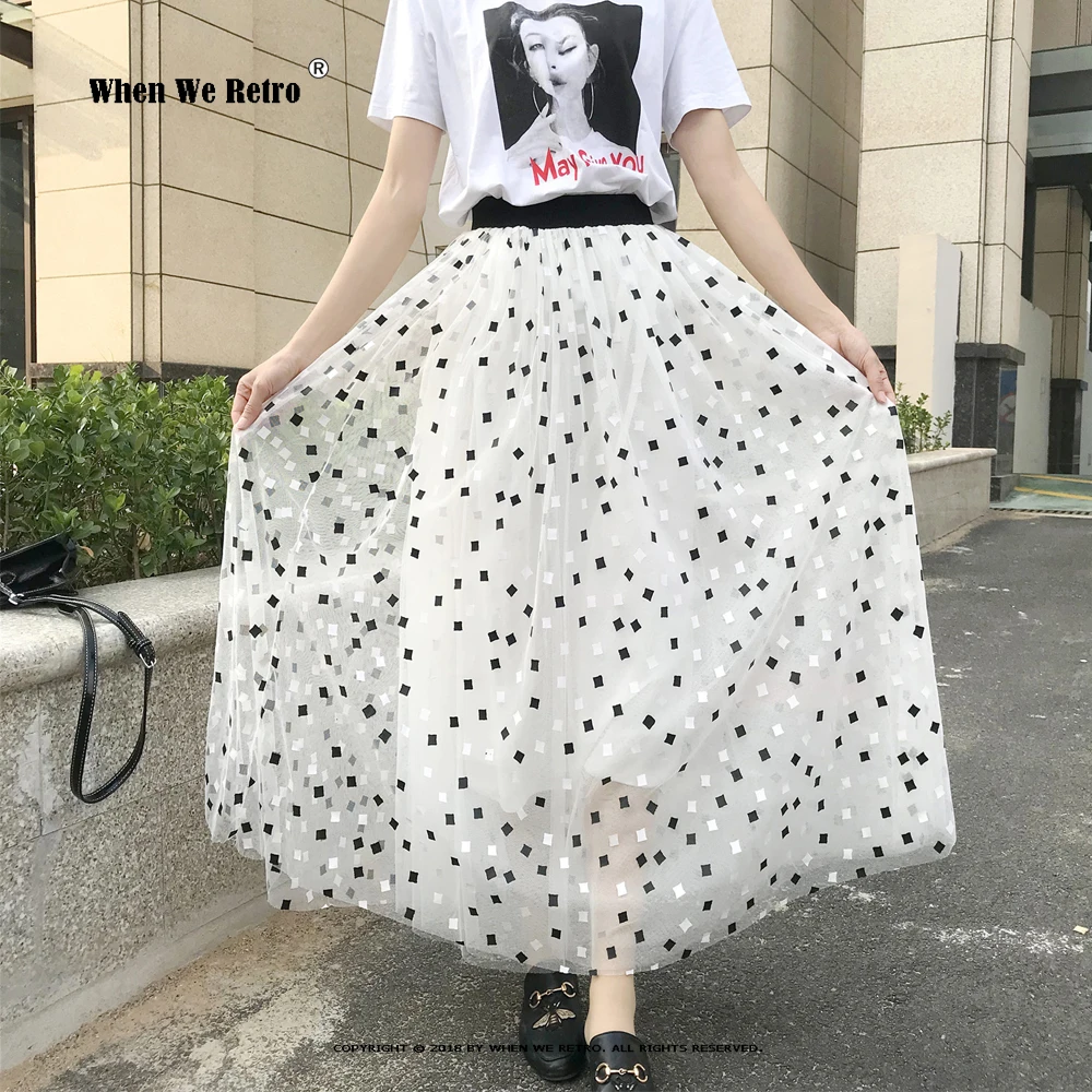 

Summer Tulle Mesh Skirts For Women Sequins Decoration Fairy Long Skirts High Waist Elastic Large A Line Jupe Holiday Falda RS989