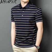 AYUNSUE Polos en Soie de Mûrier 100% Véritable Luxe Été 2026 T-shirt Rayé Tendance Décontracté à Manches Courtes Homme 3