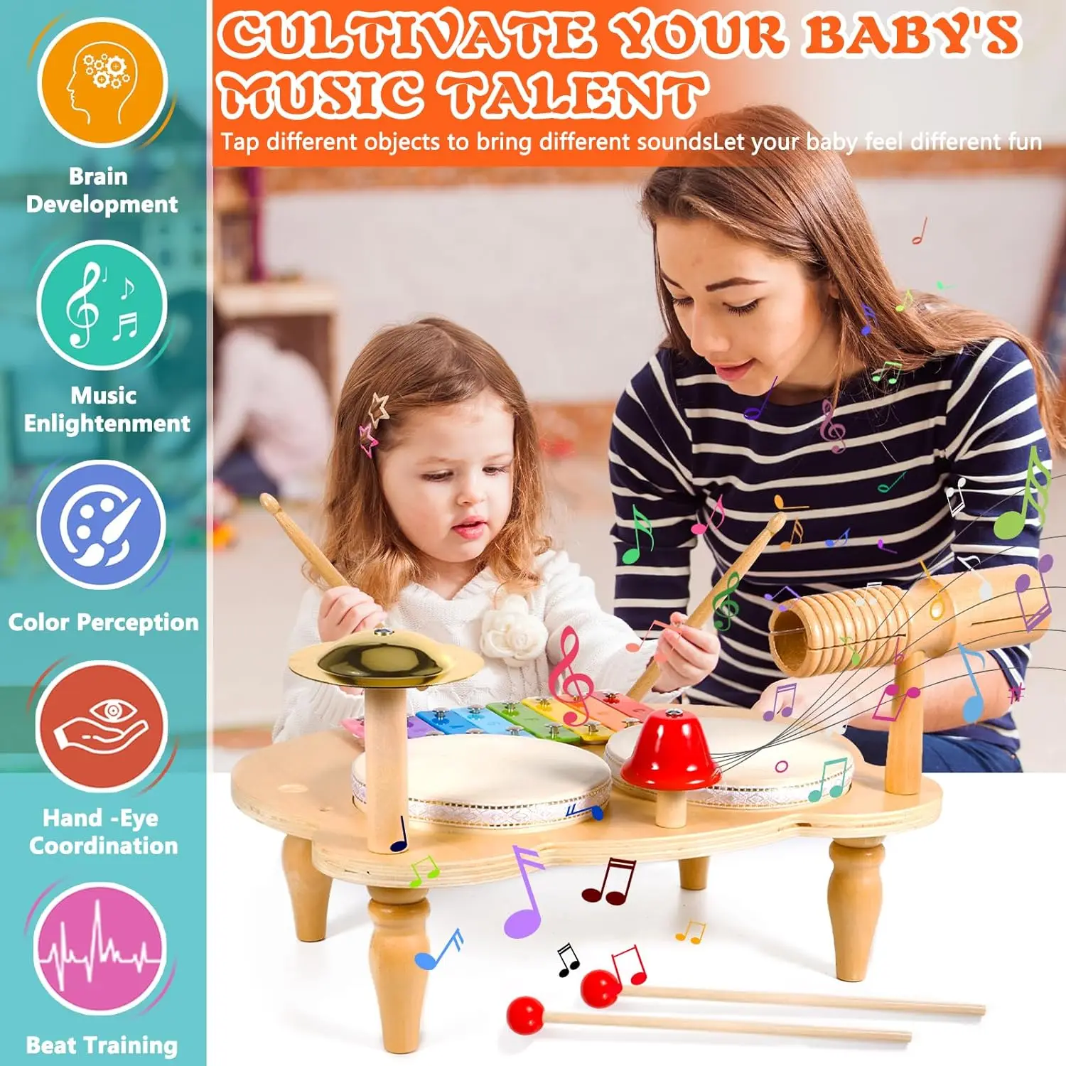 Wooden Music Toys For Babies Children's Multifunctional Music Knocking Table Early Education Kids Drum Set Music Toy Baby Gift 5