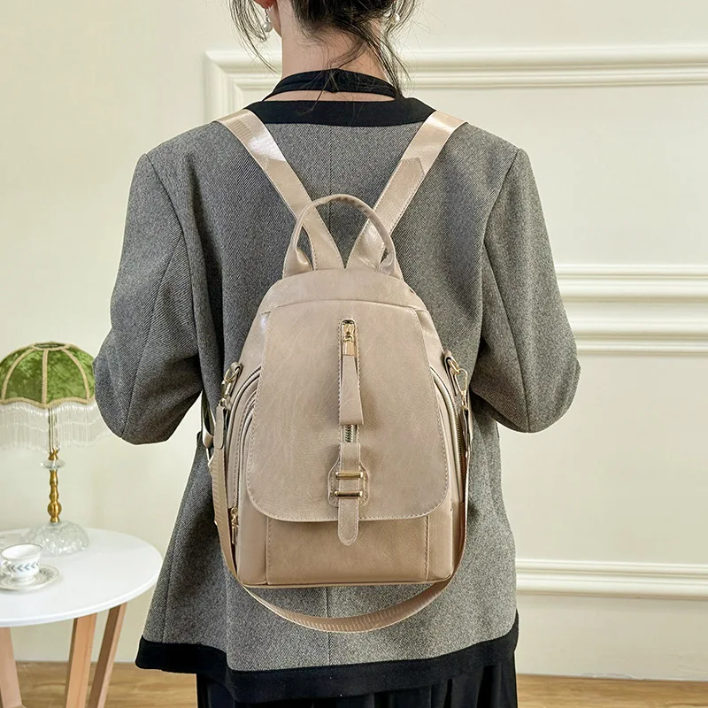2024 New Style Backpack Women Retro Pure Color Simple Outdoor Leisure Mother Bag PU Leather Large Capacity Backpack Wholesale