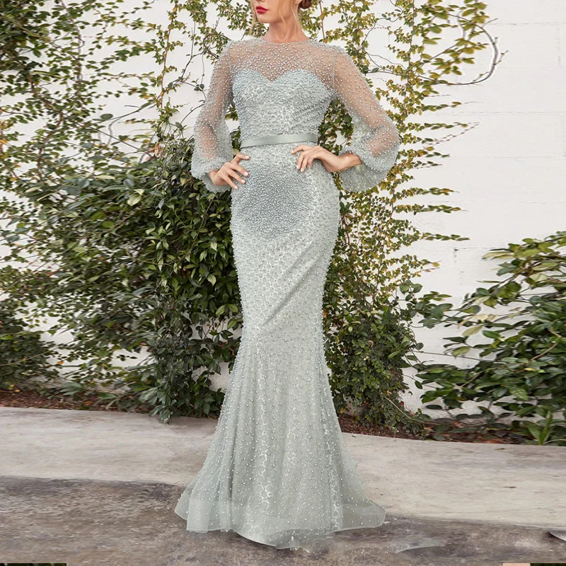 

Mint Green Elegant Beading Women Wedding Dresses Luxury Mermaid Full Sleeve Formal Banquet Occasion Dress O Neck Mesh Ball Gown