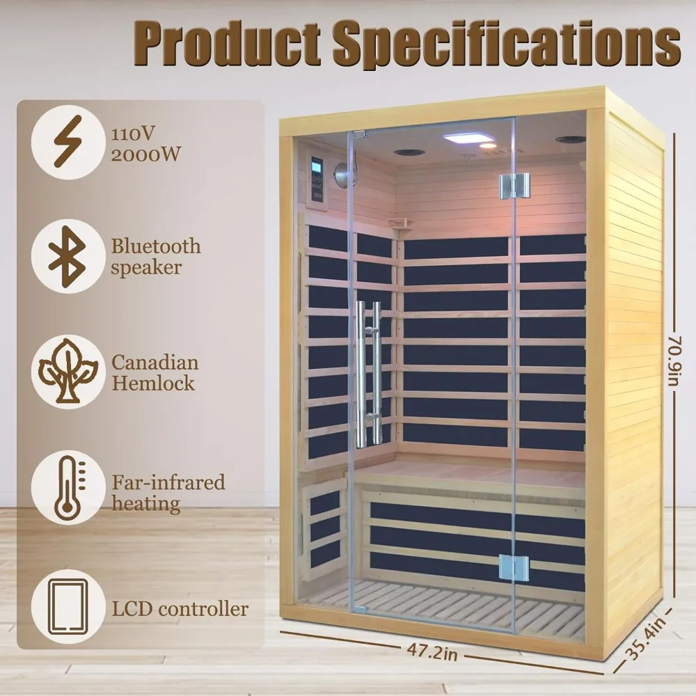 Infrared Sauna, 2 Person Indoor Sauna Room Low EMF Far Infrared Home Sauna Hemlock Wooden Sauna with LCD Control Panel Tempered 6