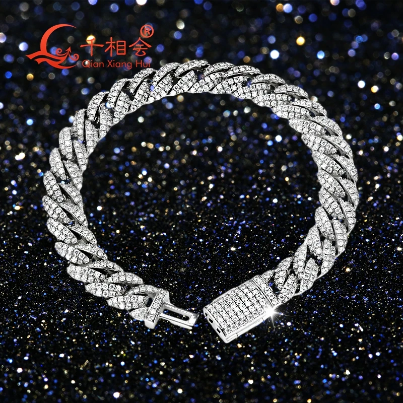 Bracelet 10mm width half moon 925 Sterling Silver Cuban Chain Moissanite Diamond Hip Hop Style Miami Cuban Link Chain