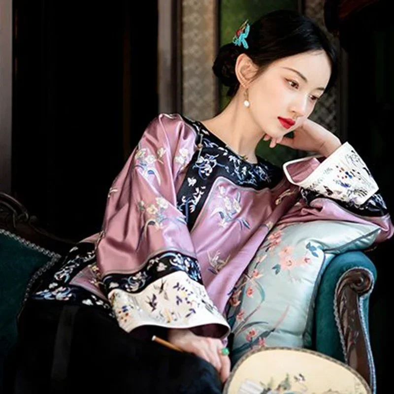 Qing Dynasty Vintage Satin Purple Flowers Printed Long Sleeves Tang Suit Tops Women Traditional Tang Blouse Online Chinese Store