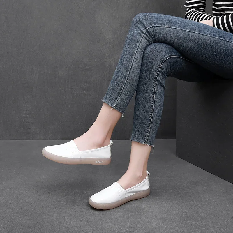 Spring Women Loafers Shallow Authentic Leather Casual Flat Shoes Women Boat Shoes Soft Genuine Leather Shoes White 2