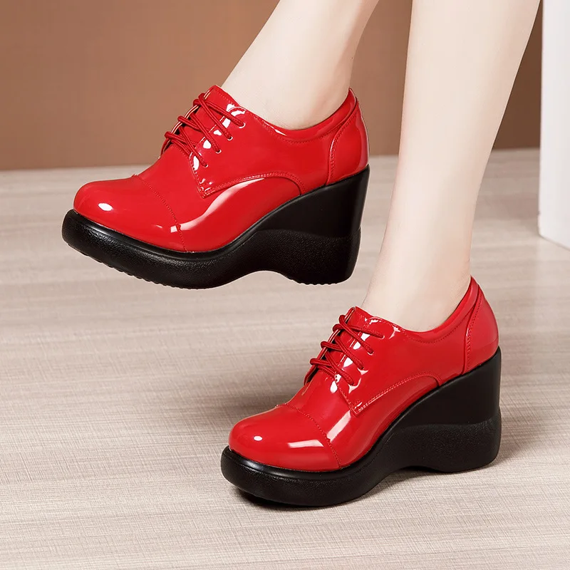 

Small Size 32-43 Deep Mouth Oxfords Female Platform Pumps 2023 Fall Winter Bright Leather Wedges Shoes Woman High Heels