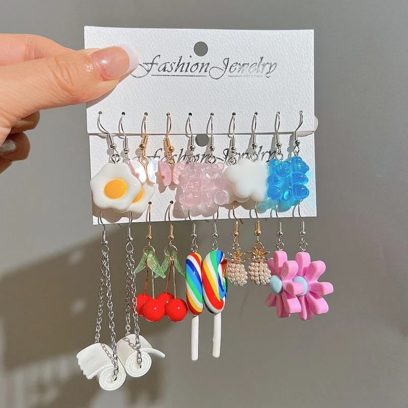 Cute Cartoon Animal Fruit Earring Set For Women Girl Simulated Resin Acrylic Food Drink Icecream DIY Dangle Earring Jewelry
