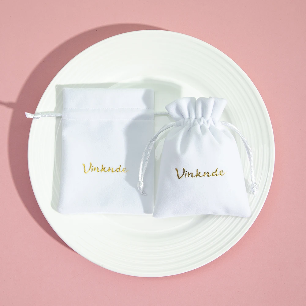 Weiße Samt-Schmuckverpackung mit Kordelzug, individuelles, schickes, kleines Staub-Schmuckpaket für Weihnachten, Hochzeit, Party, Geschenktüten – Detail 10