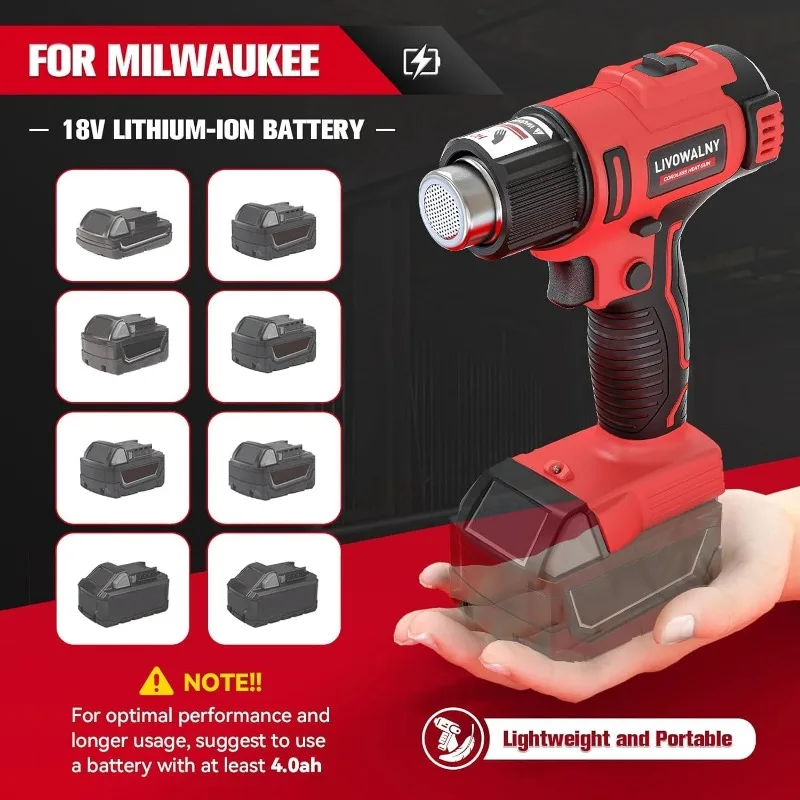 Cordless Heat Gun for Milwaukee m18 Battery LIVOWALNY 18V 350W Hot Air Gun I300℃(572°F)II:550℃（1022°F)  Shrink Tubing No Battery 4