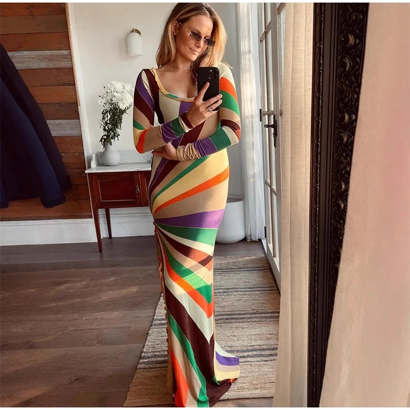 Mehrfarbig gestreiftes Maxikleid für Damen mit langen Ärmeln, O-Ausschnitt, seitlicher Schlitz, schmale Kleider, 2025, Herbst, weiblich, täglich, lässig, Strandrobe – Detail 20