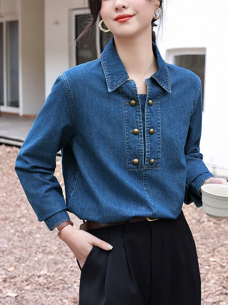 2024 Spring  Women Fashion Casual Loose Lapel Metal Buckle Decoration Women's High Grade Layup  Versatile Style Denim Shirt Top 1pc 2024 new desk calendar with pen holders chinese style exquisite office tabletop creative decoration business gift