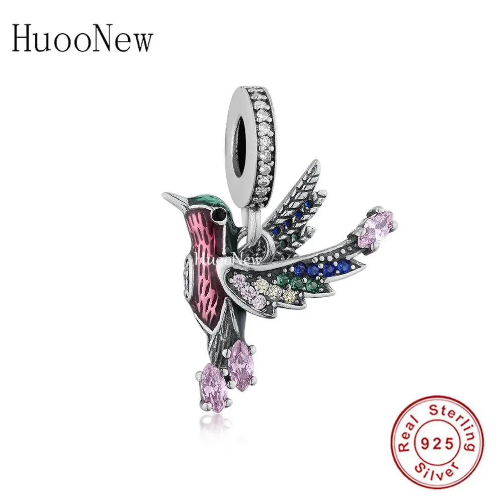 

Fit Original Pan Charms Bracelet 925 Sterling Silver 3D Animal Color Feather Hummingbird Bead For Making Women Berloque 2023 DIY