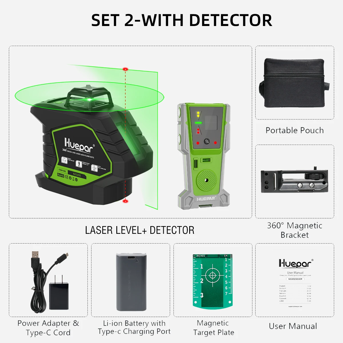 Green Laser Level With 2 Plumb Laser Dots,Self-Leveling 360° Coverage Laser Leve