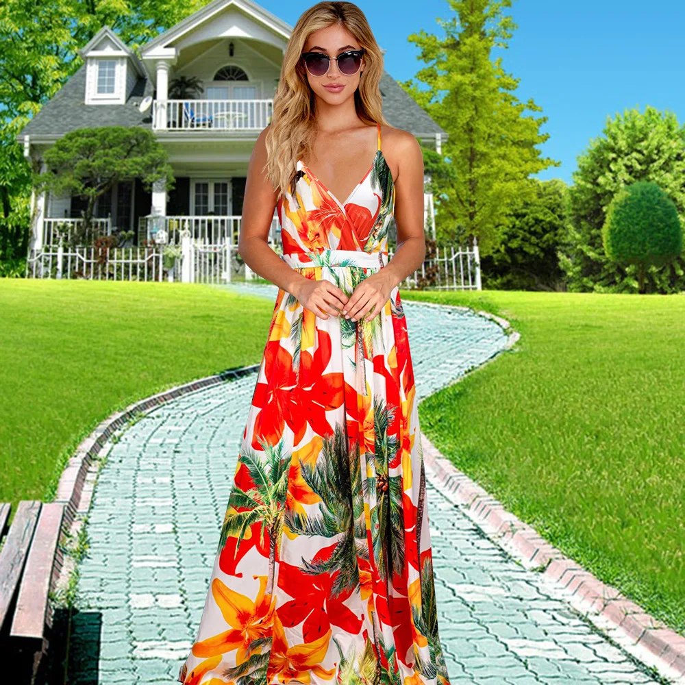 High Quality 2024 Spring Summer New Dress Bohemian Floral Camisole Long Dress Women Elegant Over Size Vestidos Evening Dresses