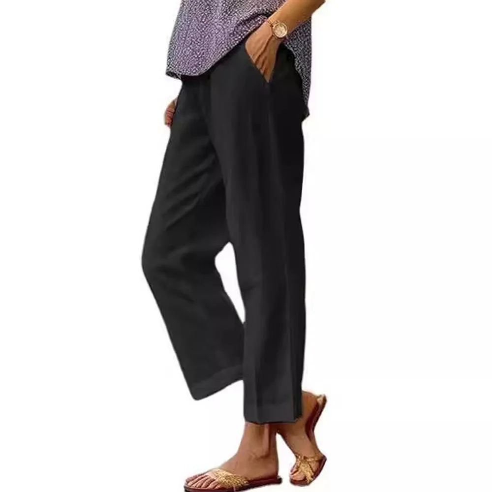 Women Cotton Linen Summer Pants Elastic Waist Wide Leg