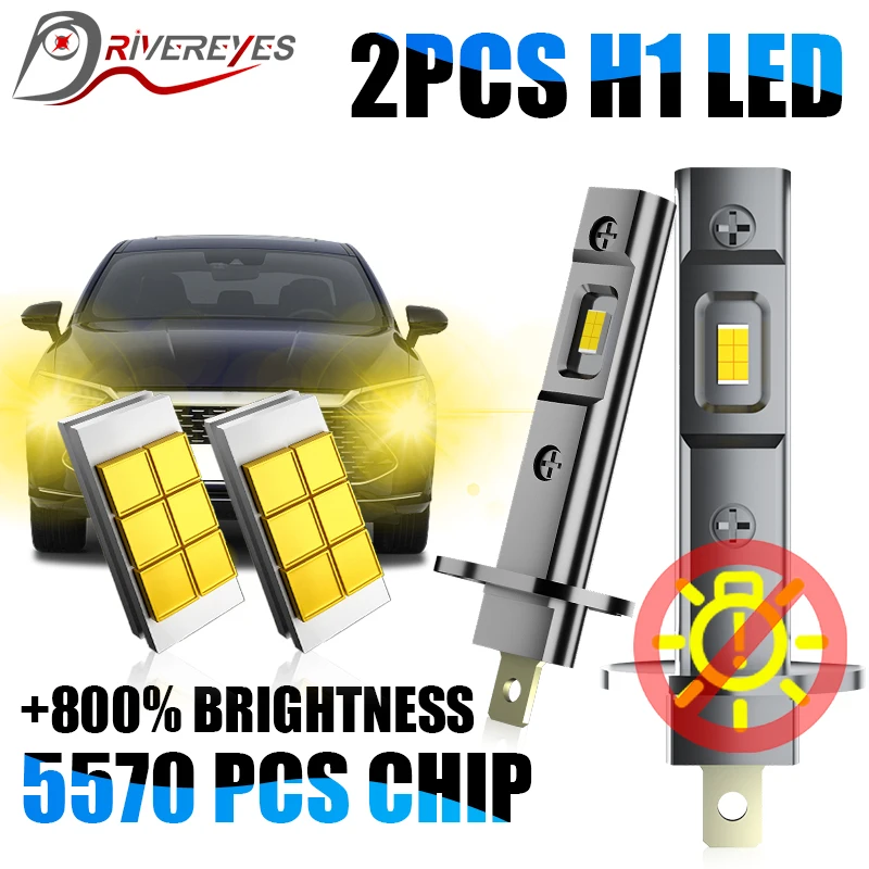 2PCS 500W 200000LM H1 LED Car Headlight Bulb 6000K 3000K Yellow Mini Size Fanless CSP 5570 Chip Plug&Play 12V 24V