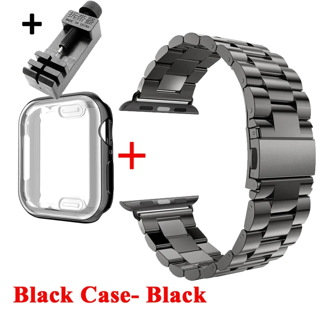 Watch Case+Strap For iWatch Band 38mm 42mm Steel Metal Bracelet For Apple Watch 7 44mm 40mm SE Series 6 5 4 Cover Band 45mm 41mm Black Case- Black