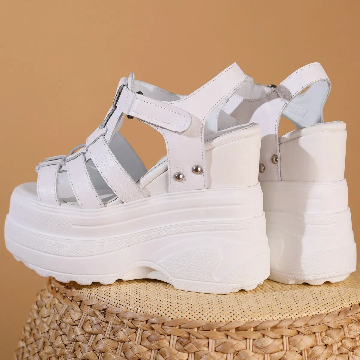 Platform Pumps Plus Size Shoes Women Genuine Leather Wedges High Heel Gladiator Sandals Female Summer Casual Shoe Big Size Shoes