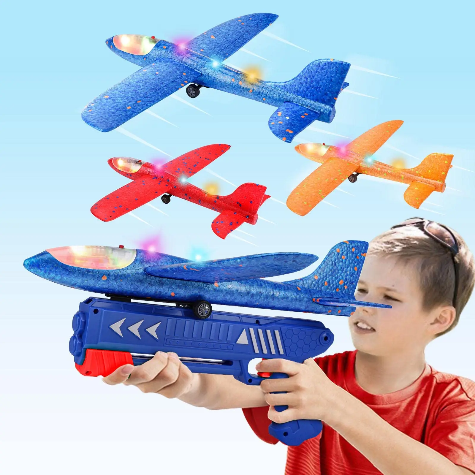 Launcher Catapult Airplane Gun Toy LED Light Flash Foam Plane Children