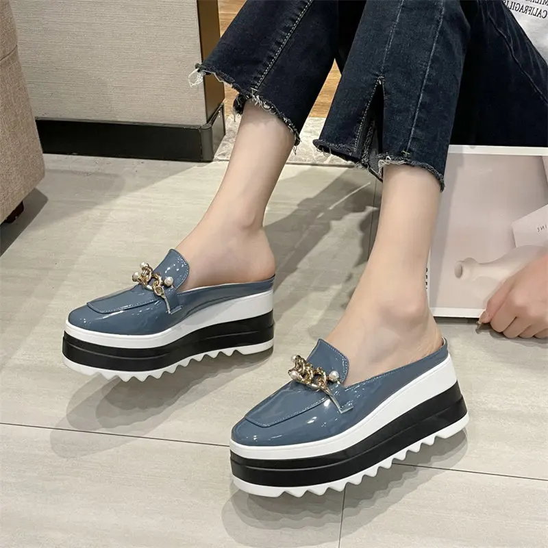 Chain Pearl Wedges Platform Mules Sandals Women Luxury Brand Design High Heels Slipper Women Wedge Platform pumps Loafers 35-42 4