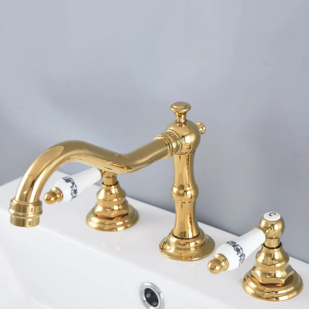 

Basin Faucets Gold Color Brass Deck Mounted Bathroom Sink Faucets 3 Hole Double Handle Hot And Cold Water Tap tnf985