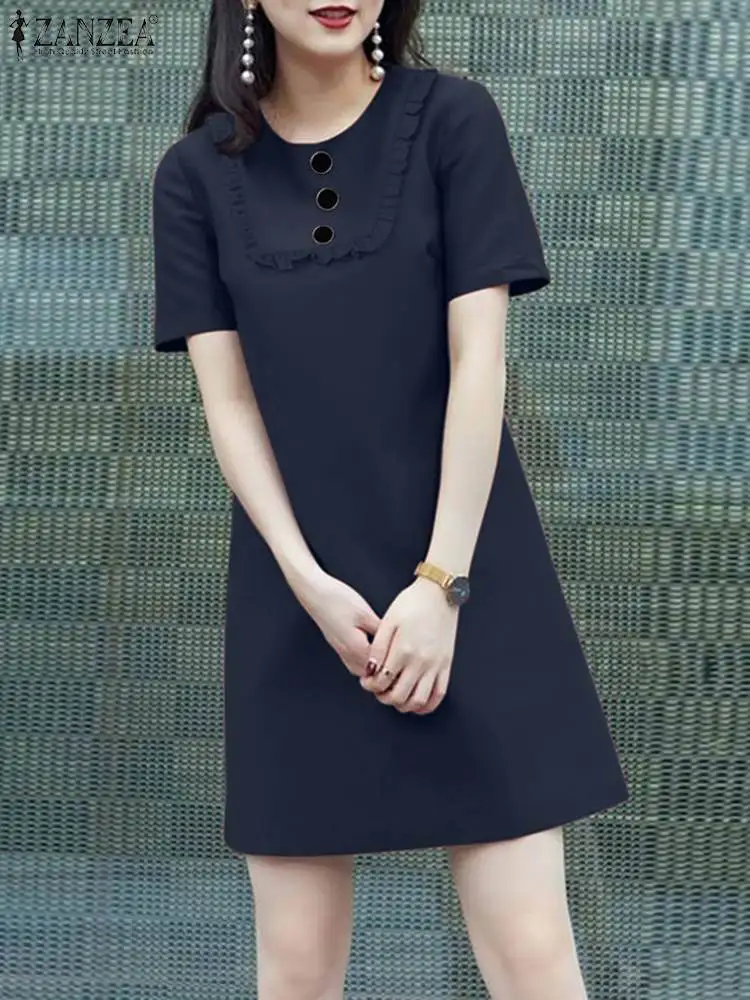 

ZANZEA Summer Fashion Women Ruffles Work Robe Femme Solid Party Sundress Elegant Short Sleeve Casual Dress Knee-length Vestido