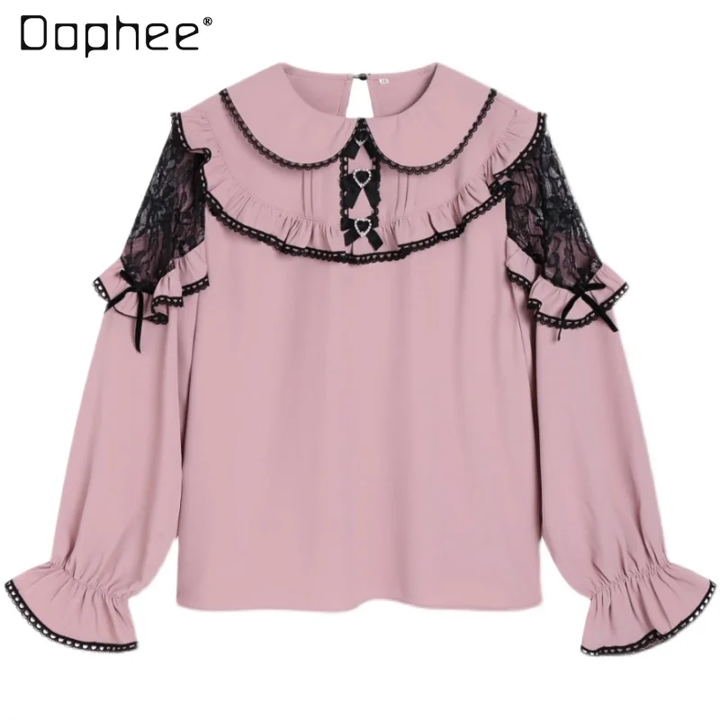 Tunicas Mujer Verano Sweet Girl Mine Series Pink Shirts 2023 Fall New Japanese Style Cute Slim Inner Wear Long Sleeve Blouses