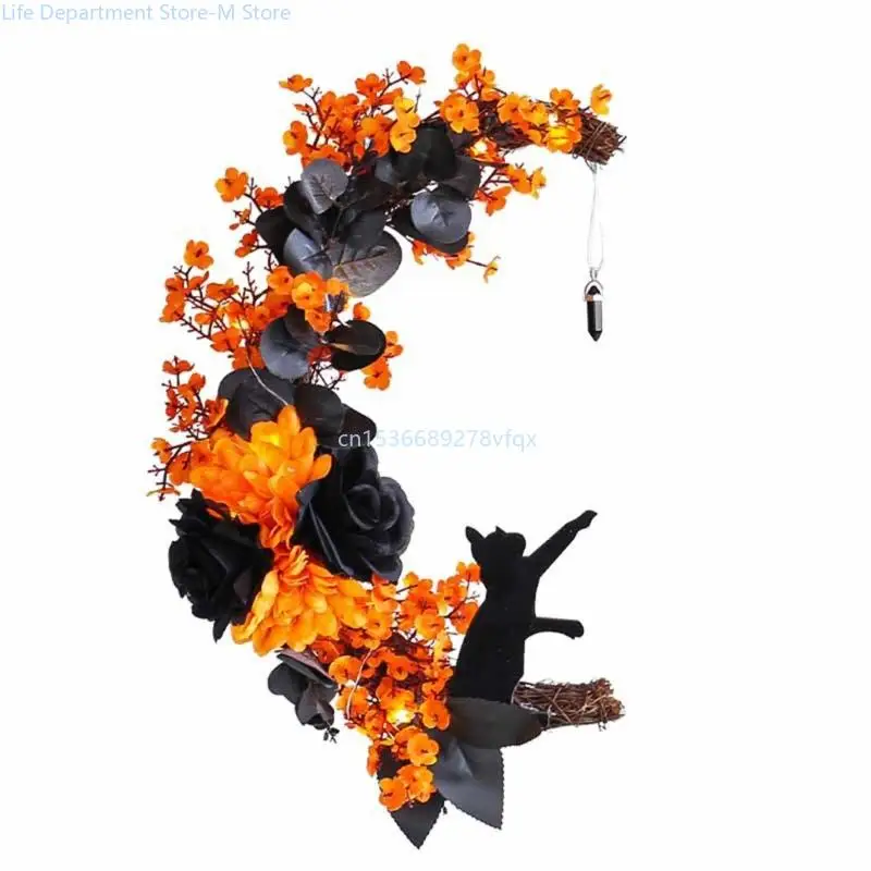 

Halloween Moon Wreath Simulation Hanging Pendant Autumn Rustic Crafts Spooky Halloween Decorations for Home Party