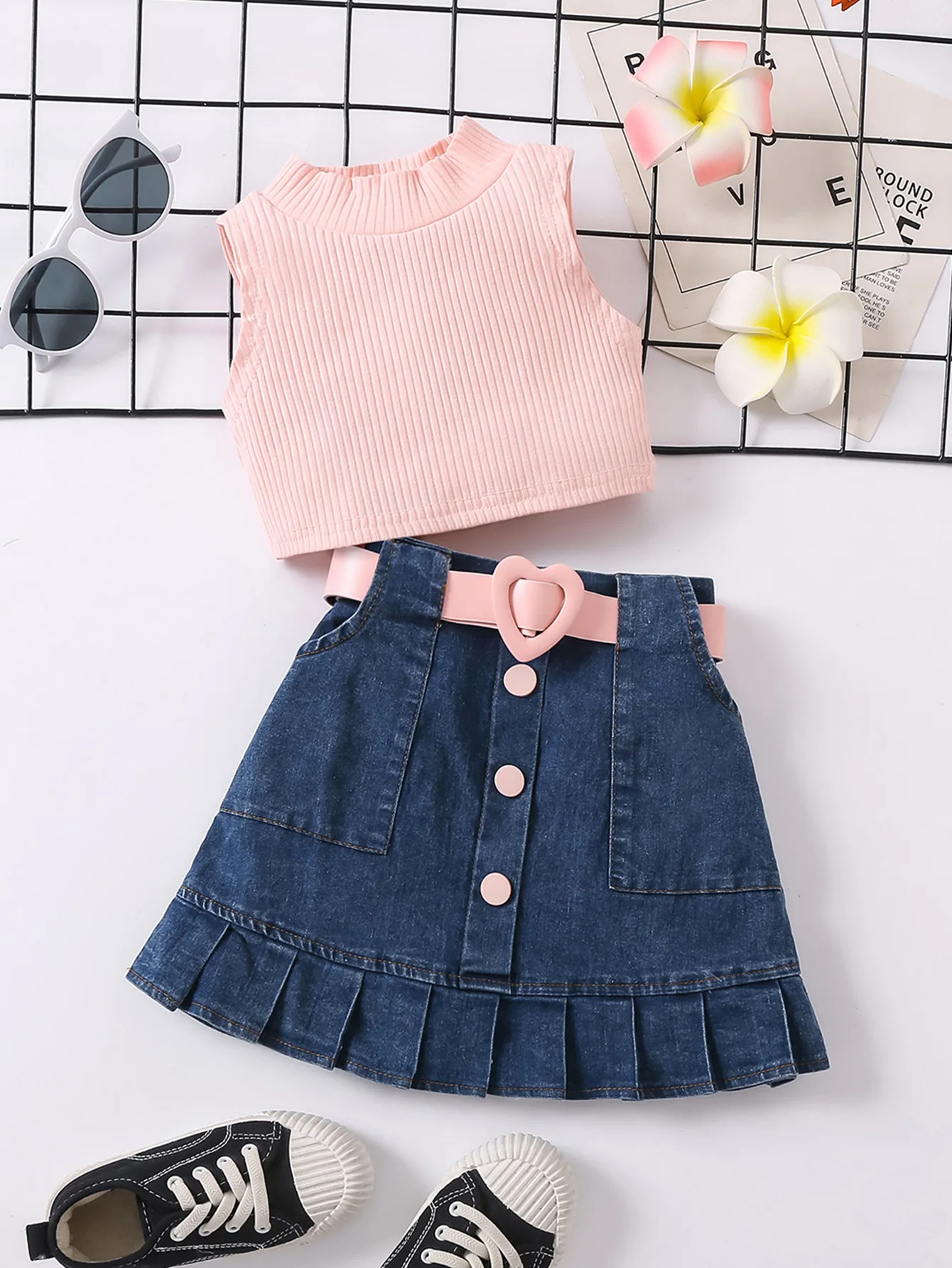 Girls' Summer Blouse & Denim Dress Set 1