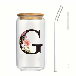 Alphabet Flower Design Drinking Glass with Lid, Straw, and Brush - Portable Clear Cup - 500ml (G)