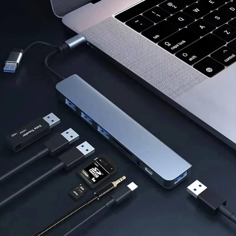 8 In 1 USB Type-C HUB Splitter Card Reader Docking Station For HUAWEI Xiaomi PC