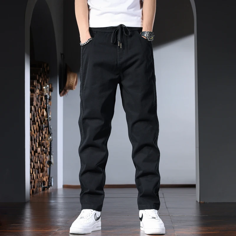Khaki Cotton Baggy Men's Pants Casual Straight Elastic Waist Drawstring Trousers CP2218