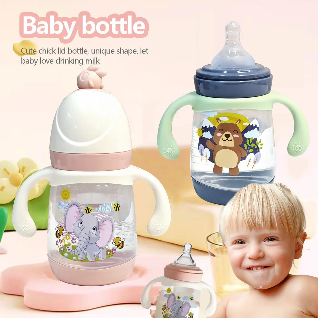 240ml Cartoon Chicken Baby Bottle with Dual Handles and Scale Line, Includes Cute Dust-proof Cover