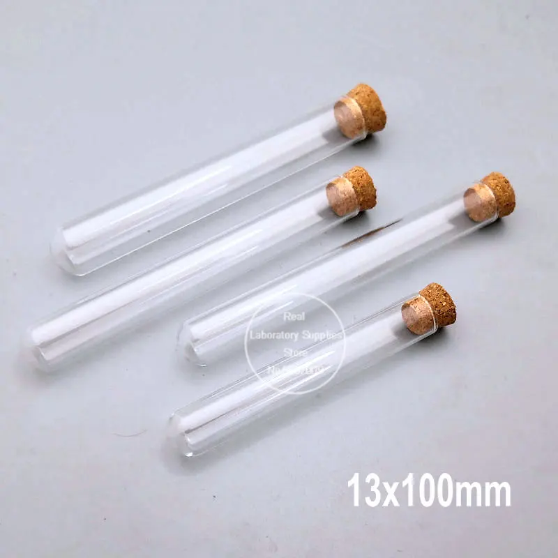 100pcs/lot Clear Lab Glass Test Tube with Cork Stoppers, Round Bottom Small Wedding Vials Laboratory Supplies