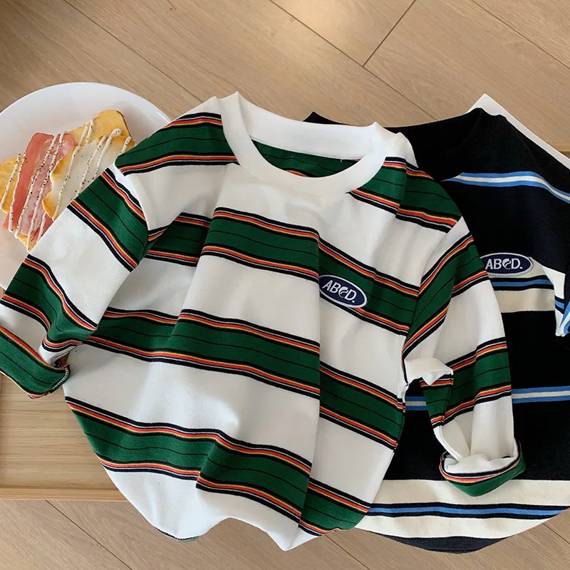 2025 Spring Autumn Kids Boys T-shirts Cotton Striped Loose Sticker Casual Long Sleeve Baby Girls Shirts Toddler Boys Tops - 2