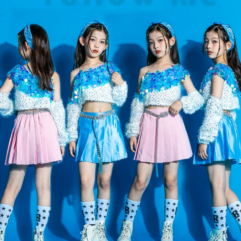 

Children Group Cheerleading Dance Costumes For Girls Sequins Jazz Outfits Street Dancewear Kids Hip Hop Kpop Clothes SL7208