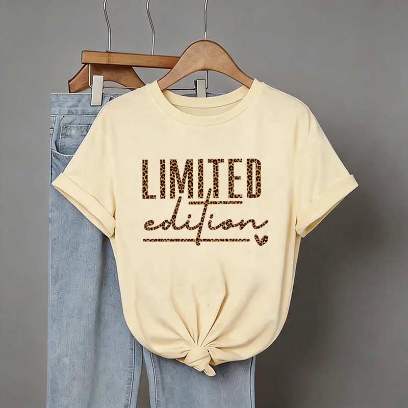 Women's Y2K Leopard Letter Print T Shirt Vintage Casual T-shirt for Woman 90s Crew Neck Short Sleeve Summer T-Shirt Clothes 1