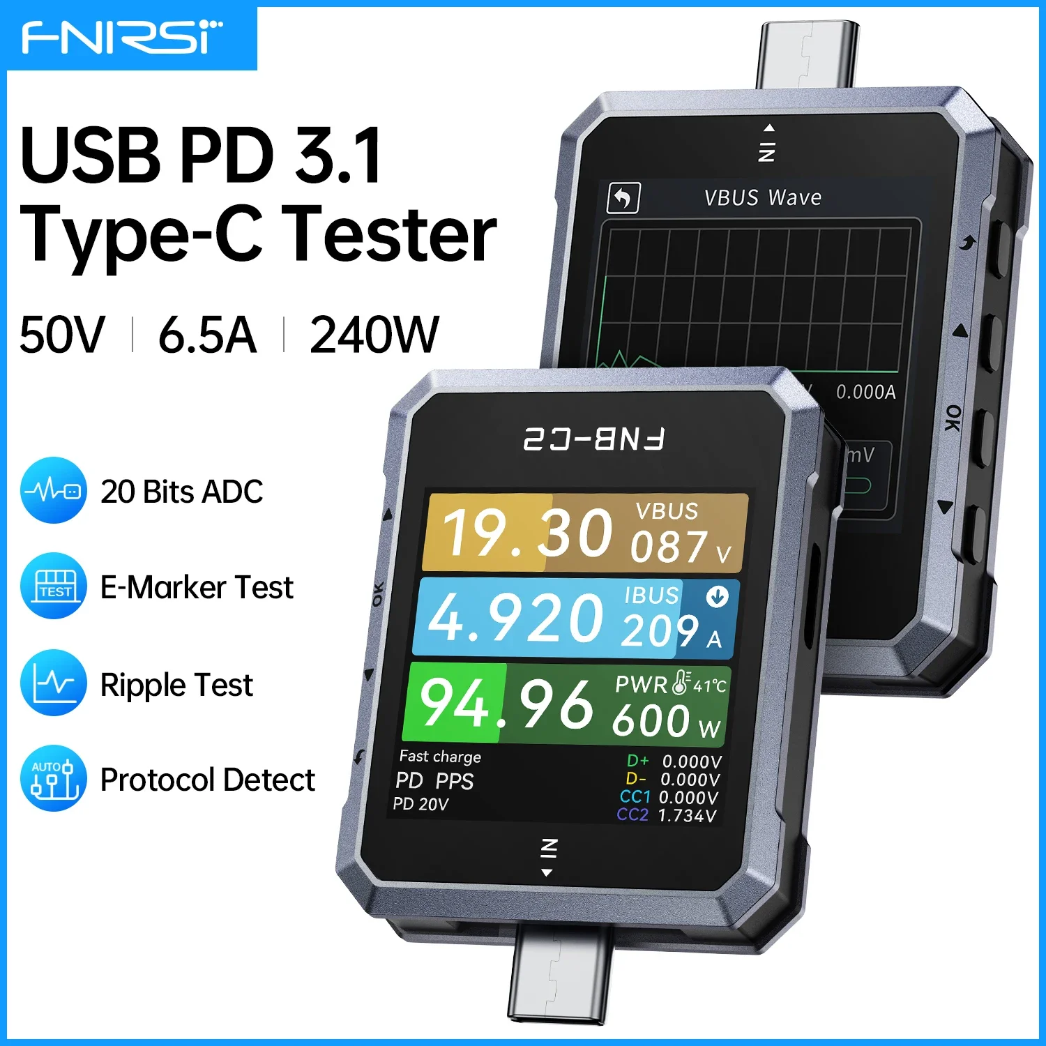 FNIRSI FNB-C2 타입-C 고속 충전 테스터 PD3.1 240W 최대 출력 디지털 전류계 전압계 충전기 보조배터리 휴대폰 테스터